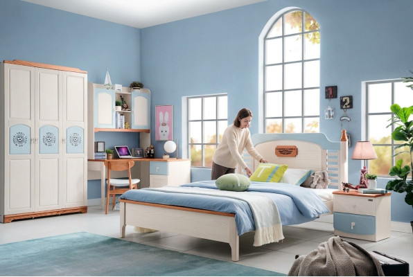 Ensemble de chambre à coucher 5 pièces. Lit 2x Table de chevet Bureau Lit enfant Meubles en bois massif