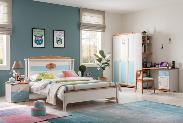 Ensemble complet de chambre d'enfants pour jeunes composé de lit, armoire, commode en bois massif en 5 pièces.
