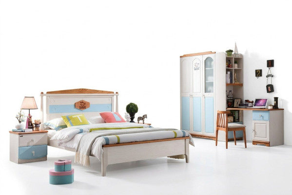 Ensemble complet de chambre d'enfants pour jeunes composé de lit, armoire, commode en bois massif en 5 pièces.
