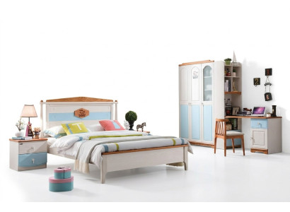 Ensemble complet de chambre d'enfants pour jeunes composé de lit, armoire, commode en bois massif en 5 pièces.