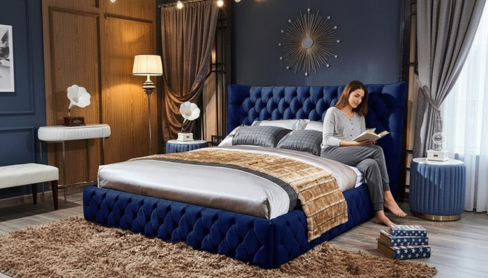 Lits Chesterfield Desi180x200gn Lit double Mobilier Tissu Bleu Nouveau Lit