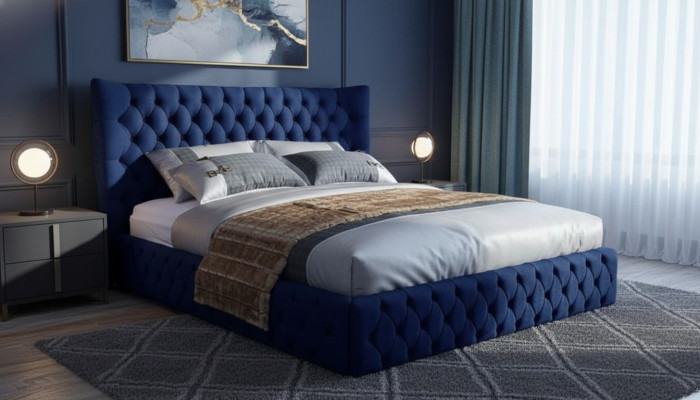 Lits Chesterfield Desi180x200gn Lit double Mobilier Tissu Bleu Nouveau Lit