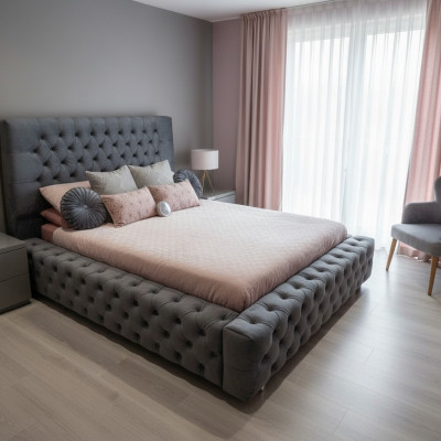 Conception Lit double moderne Mobilier 180x200 cm Tissu d'ameublement et bois Chambre