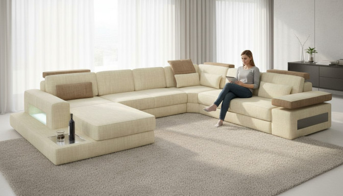 Forme en U Fonction lit Canapé Design Rembourrage Textile Coin Paysage vivant Canapé d'angle Tissu