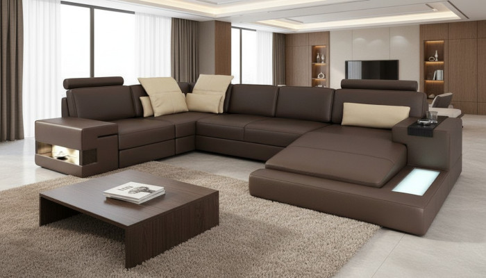 Canapé d'angle en forme de U avec fonction lit en cuir textile Canapés Canapé Convertible Tissu neuf