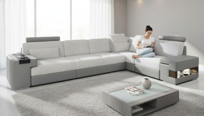 Canapé design moderne Canapés en L en cuir d'angle gris nouveau sofa salon