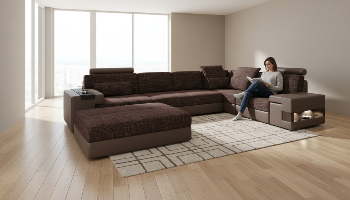 Canapé d'angle design moderne en forme de L, Tissu d'ameublement avec tabouret, Ensemble de 2 pièces, neuf.