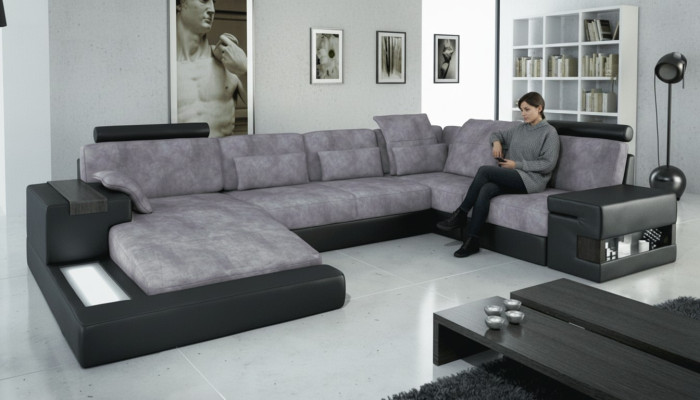 Designer Canapé design en textile de luxe moderne en forme de U avec fonctions lit gris nouvel
