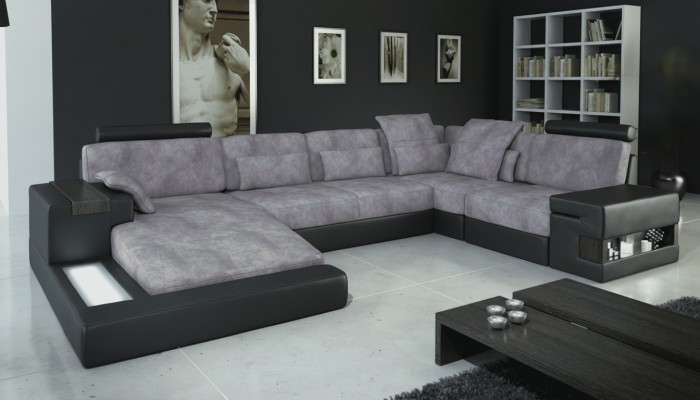 Designer Canapé design en textile de luxe moderne en forme de U avec fonctions lit gris nouvel