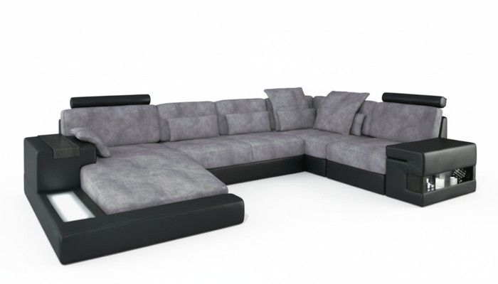 Designer Canapé design en textile de luxe moderne en forme de U avec fonctions lit gris nouvel