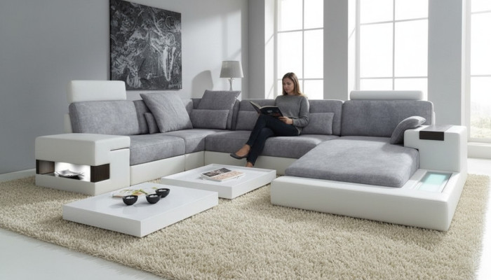 Moderne canapé en textile en forme de U avec fonctions lit et espace de rangement Gris nouveau
