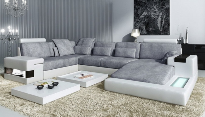 Moderne canapé en textile en forme de U avec fonctions lit et espace de rangement Gris nouveau