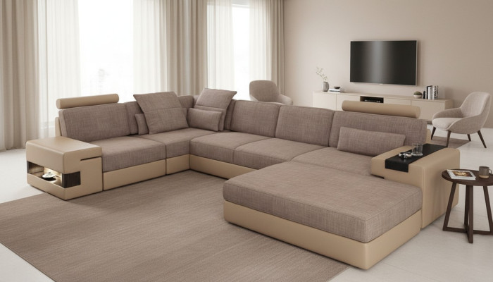 Ensemble de canapé d'angle moderne en forme de L avec sièges rembourrés, canapé, tabouret et meubles de salon.