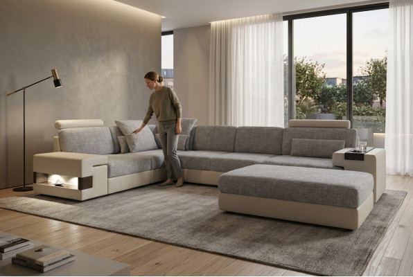 Salle de séjour canapé moderne en forme de L Salon avec tabouret Mobilier Wohnlandschaft