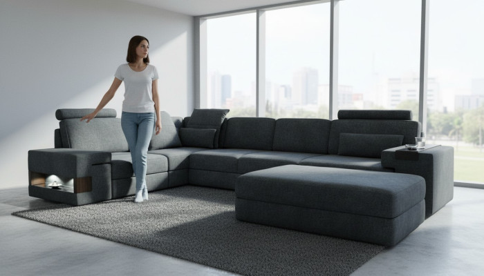 Canapé d'angle design avec tabouret - Mobilier rembourré salon en forme de L, moderne et luxueux