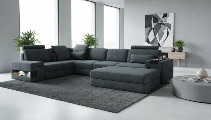 Canapé d'angle design avec tabouret - Mobilier rembourré salon en forme de L, moderne et luxueux