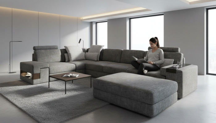 Salle de séjour en forme de L design moderne et élégant canapé canapé d'angle tabouret meubles rembourrés nouveaux