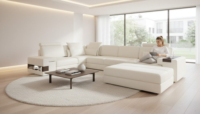 Canapé design sofa canapé d'angle avec tabouret ensemble paysage vivant en forme de L