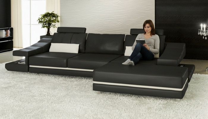 Canapé en cuir élégant de luxe moderne 3 places avec tabouret pour salon bureau nouvel art