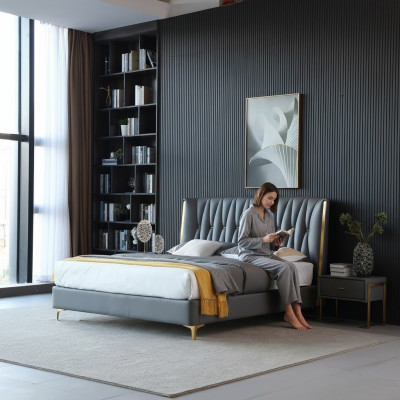 Hôtel Luxe Conception Lits Rembourrage Métal Cuir Chambre en acier inoxydable.
