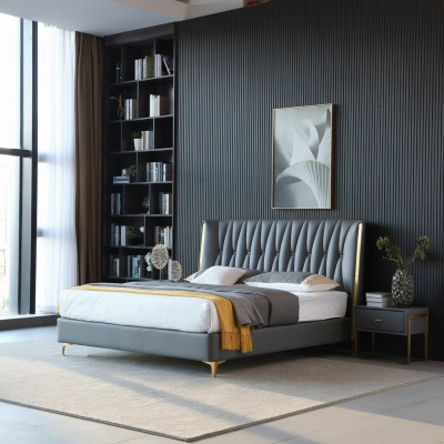 Hôtel Luxe Conception Lits Rembourrage Métal Cuir Chambre en acier inoxydable.