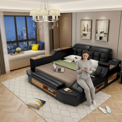 Conception Lits en cuir Hôtel Double Lit multifonction avec boîtes Bluetooth Luxe