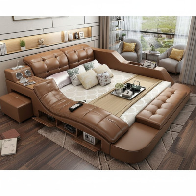 Lit en cuir de luxe double + lits rembourrés USB Hôtel moderne Multifonction massage