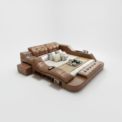 Lit en cuir de luxe double + lits rembourrés USB Hôtel moderne Multifonction massage