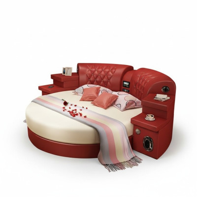 Lit rond, lits ronds, rembourrage d'hôtel multifonction avec étagère à Led, King size.
