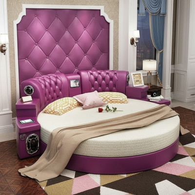 Lit King Size Rond Lits Ronds Multifonctionnels Hôtel Rembourrage LED Étagère