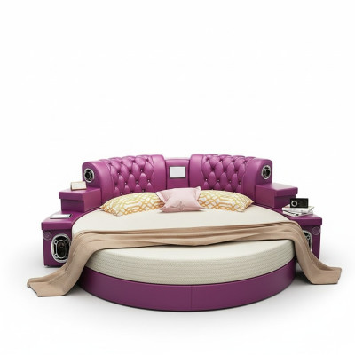 Lit King Size Rond Lits Ronds Multifonctionnels Hôtel Rembourrage LED Étagère