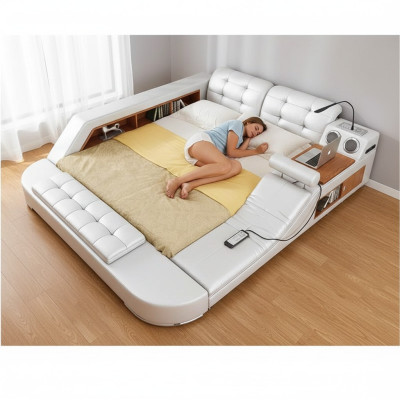 Design Lit Double de Luxe en Cuir avec USB Hôtel Multifonction Nouveau