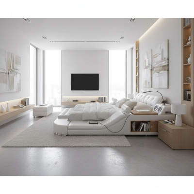 Design Lit Double de Luxe en Cuir avec USB Hôtel Multifonction Nouveau