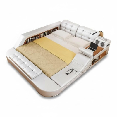 Design Lit Double de Luxe en Cuir avec USB Hôtel Multifonction Nouveau