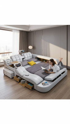 Lit de massage multifonctionnel Deluxe Lit d'hôtel en tissu avec LED USB Radio