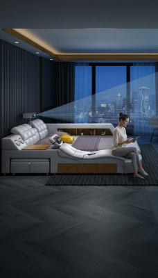 Lits multifonctions avec télévision intégrée, projecteur USB LED et fonction massage, hôtel de luxe.