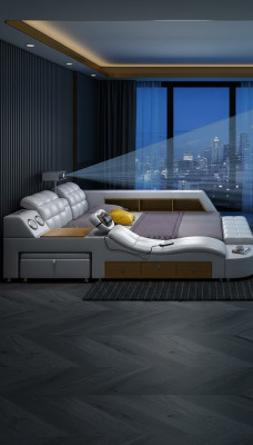 Lits multifonctions avec télévision intégrée, projecteur USB LED et fonction massage, hôtel de luxe.