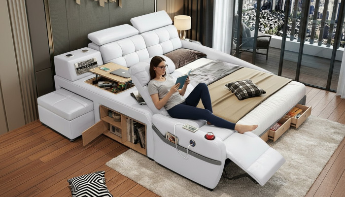 Chaise de massage de lit Lits multifonctions Rembourrage étagère USB en cuir de luxe