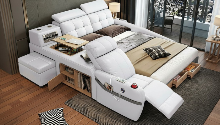 Chaise de massage de lit Lits multifonctions Rembourrage étagère USB en cuir de luxe