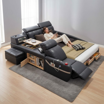 Lits de luxe multifonctions avec fonction massage, tissu d'hôtel, led, usb, radio.