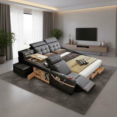 Lits de luxe multifonctions avec fonction massage, tissu d'hôtel, led, usb, radio.