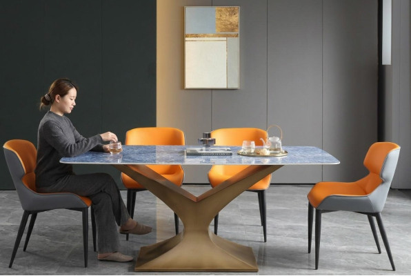Table de salle à manger de luxe en métal acier inoxydable Tables Mobilier Table à colonne Tables à manger Style marbré