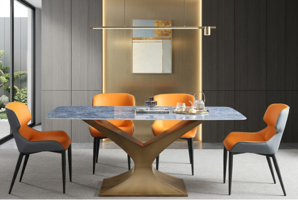 Table de salle à manger de luxe en métal acier inoxydable Tables Mobilier Table à colonne Tables à manger Style marbré