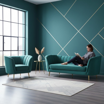 Siège Design Canapé Salon Sofa 2 Places Paysage de vie Repos Velours Bois massif