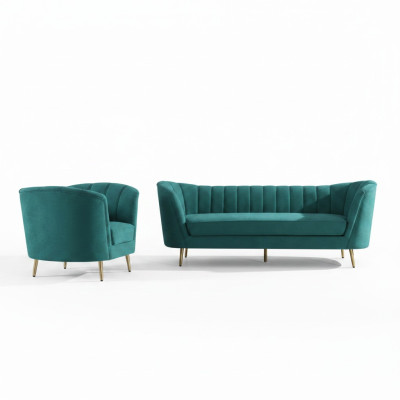 Siège Design Canapé Salon Sofa 2 Places Paysage de vie Repos Velours Bois massif