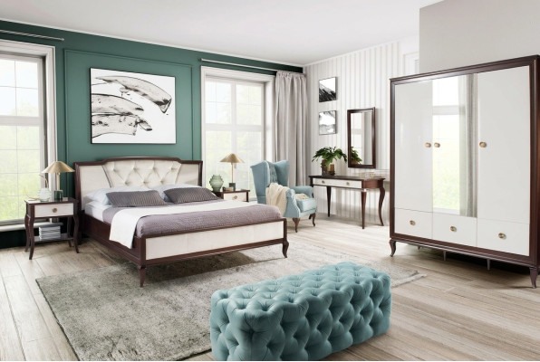 Ensemble de chambre à coucher complet 4 pièces : lit design + 2 tables de chevet + armoire