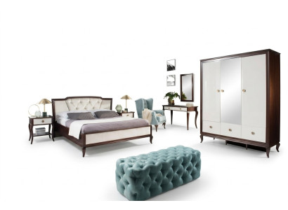 Ensemble de chambre à coucher complet 4 pièces : lit design + 2 tables de chevet + armoire
