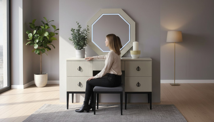 Pratique, moderne et nouvelle coiffeuse de chambre avec miroir et tabouret.