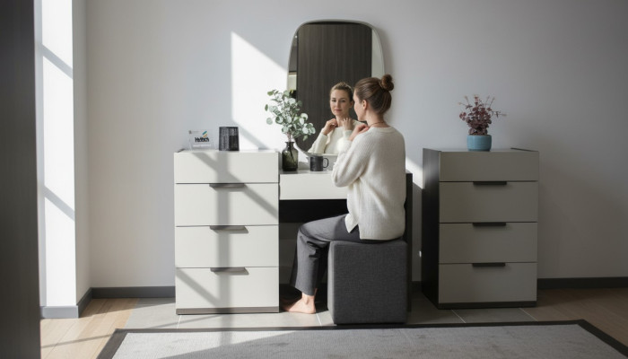 Table de toilette de conception avec miroir Meuble de chambre de luxe Tabouret 3 pièces. nouveau