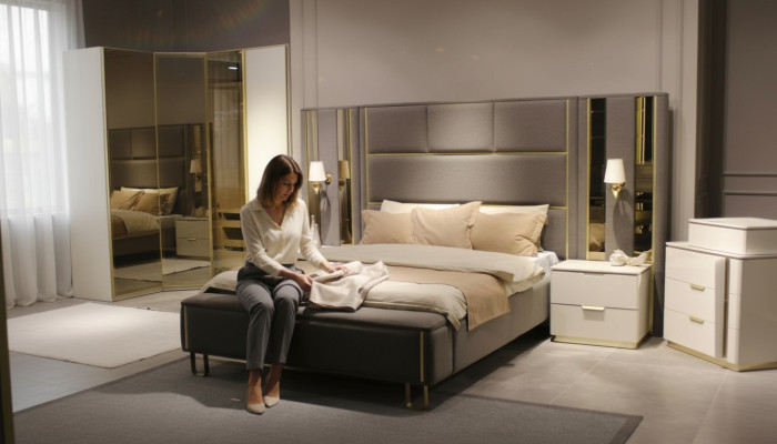 Lit 2x Tables de chevet 3 pièces. Chambre Lit double Mobilier design Bois nouvelle Ensemble